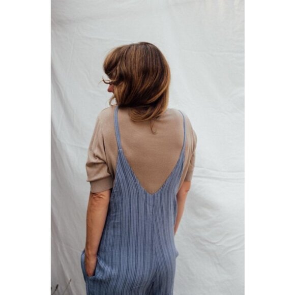 💕FRESH LAUNDRY💕 100% Linen Cropped Wide Leg Jumpsuit Blue Large *Flawed* NWOT - Picture 16 of 16